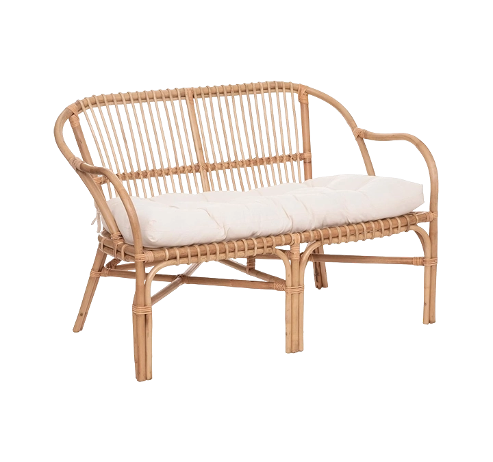Banquette 2 places, rotin & assise en coton